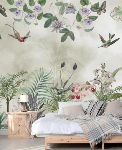 mural de pared personalizable de flores y pájaros tropicales de Marina Stupakova