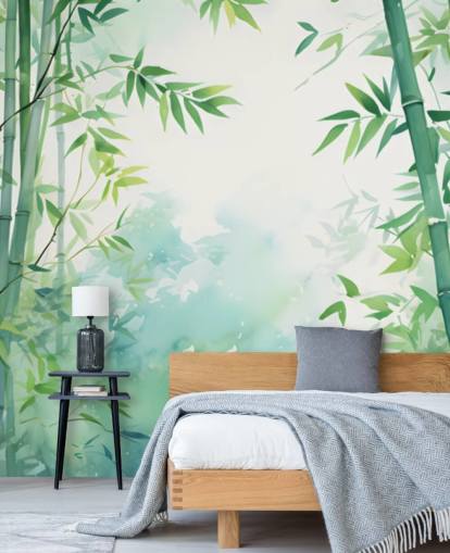 grønt og hvitt tilpasset bambus veggmaleri kalt Watercolor Bamboo Landscape for soverom og bad