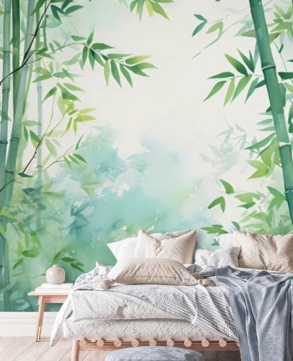 mural de pared de bambú personalizado verde y blanco llamado Watercolour Bamboo Landscape para dormitorios y baños