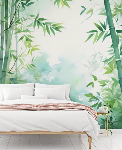 grön och vit anpassad bambu väggmålning kallad Watercolor Bamboo Landscape för sovrum och badrum