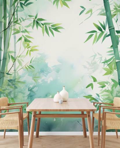 groene en witte op maat gemaakte bamboe muurschildering genaamd Watercolour Bamboo Landscape voor slaapkamers en badkamers