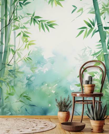 groene en witte op maat gemaakte bamboe muurschildering genaamd Watercolour Bamboo Landscape voor slaapkamers en badkamers groene en witte op maat gemaakte bamboe muurschildering genaamd Watercolour Bamboo Landscape voor slaapkamers en badkamers