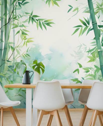 green and white custom bamboo wall mural called Watercolor Bamboo Landscape for bedrooms and bathrooms
