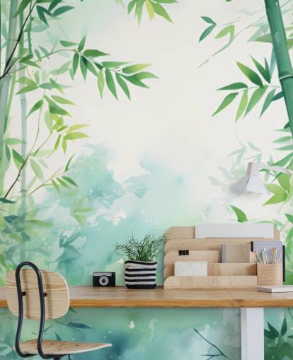 mural de pared de bambú personalizado verde y blanco llamado Watercolour Bamboo Landscape para dormitorios y baños