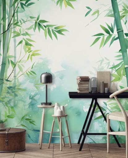 grön och vit anpassad bambu väggmålning kallad Watercolor Bamboo Landscape för sovrum och badrum