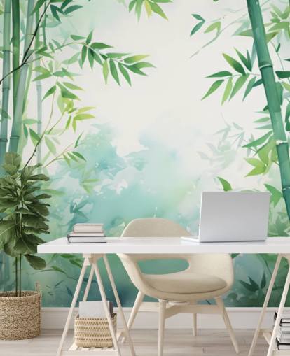 green and white custom bamboo wall mural called Watercolor Bamboo Landscape for bedrooms and bathrooms