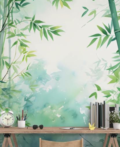 murale in bambù personalizzato verde e bianco chiamato Watercolour Bamboo Landscape per camere da letto e bagni