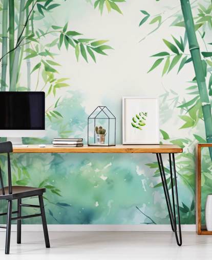 mural de parede de bambu personalizado verde e branco chamado Watercolour Bamboo Landscape para quartos e banheiros