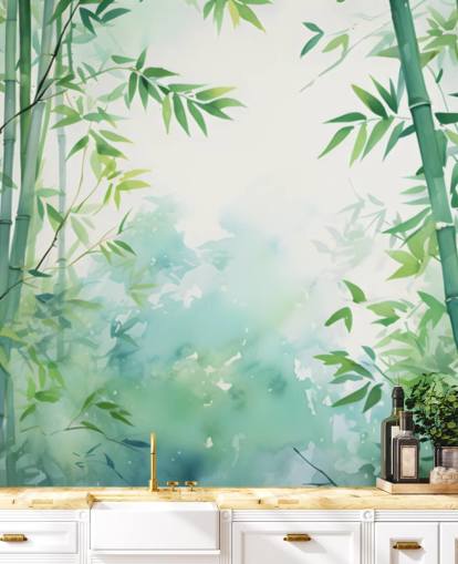 peinture murale en bambou personnalisée verte et blanche appelée Watercolour Bamboo Landscape pour chambres et salles de bain