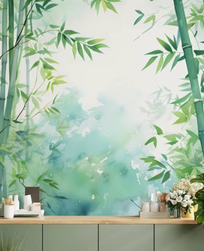 green and white custom bamboo wall mural called Watercolour Bamboo Landscape for bedrooms and bathrooms