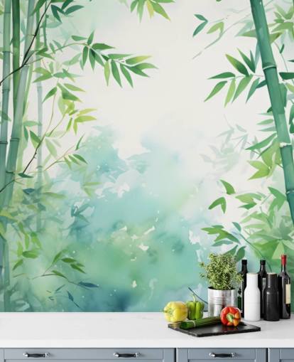 groene en witte op maat gemaakte bamboe muurschildering genaamd Watercolour Bamboo Landscape voor slaapkamers en badkamers groene en witte op maat gemaakte bamboe muurschildering genaamd Watercolour Bamboo Landscape voor slaapkamers en badkamers
