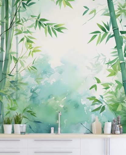 grön och vit anpassad bambu väggmålning kallad Watercolor Bamboo Landscape för sovrum och badrum