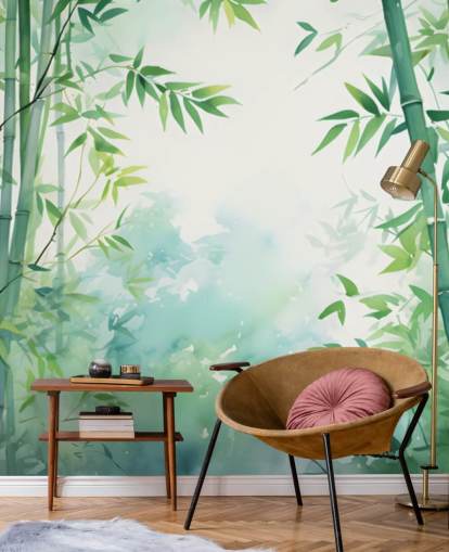 grön och vit anpassad bambu väggmålning kallad Watercolor Bamboo Landscape för sovrum och badrum