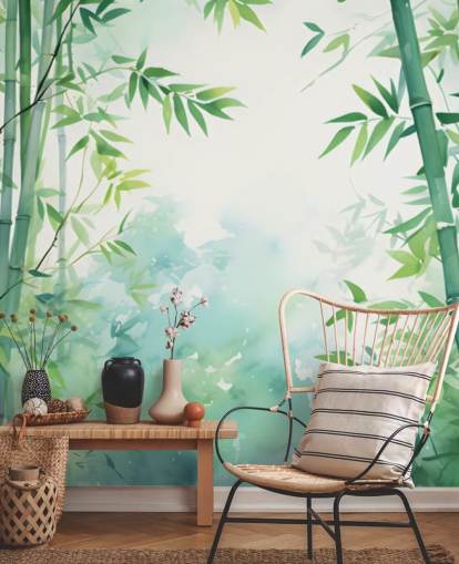 grønt og hvitt tilpasset bambus veggmaleri kalt Watercolor Bamboo Landscape for soverom og bad