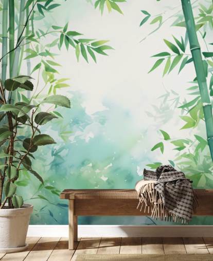 green and white custom bamboo wall mural called Watercolor Bamboo Landscape for bedrooms and bathrooms