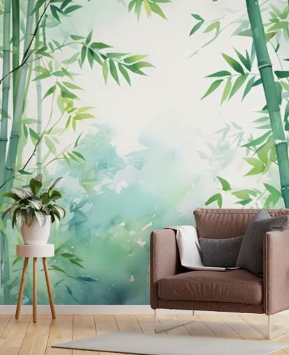 mural de parede de bambu personalizado verde e branco chamado Watercolour Bamboo Landscape para quartos e banheiros