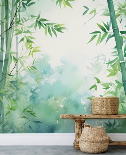 mural de parede de bambu personalizado verde e branco chamado Watercolour Bamboo Landscape para quartos e banheiros