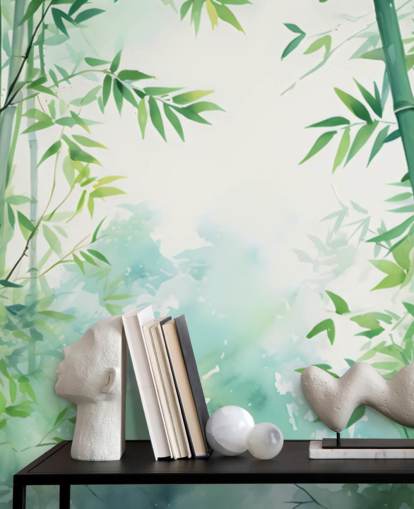 murale in bambù personalizzato verde e bianco chiamato Watercolour Bamboo Landscape per camere da letto e bagni