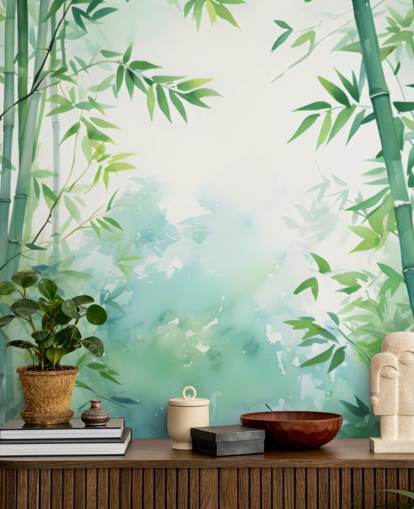 grønt og hvitt tilpasset bambus veggmaleri kalt Watercolor Bamboo Landscape for soverom og bad grønt og hvitt tilpasset bambus veggmaleri kalt Watercolor Bamboo Landscape for soverom og bad