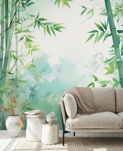 Grün-weißes maßgeschneidertes Bambus-Wandbild namens Watercolour Bamboo Landscape für Schlafzimmer und Badezimmer