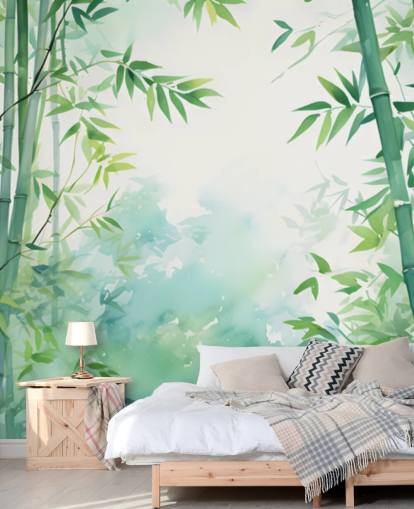 mural de parede de bambu personalizado verde e branco chamado Watercolour Bamboo Landscape para quartos e banheiros mural de parede de bambu personalizado verde e branco chamado Watercolour Bamboo Landscape para quartos e banheiros