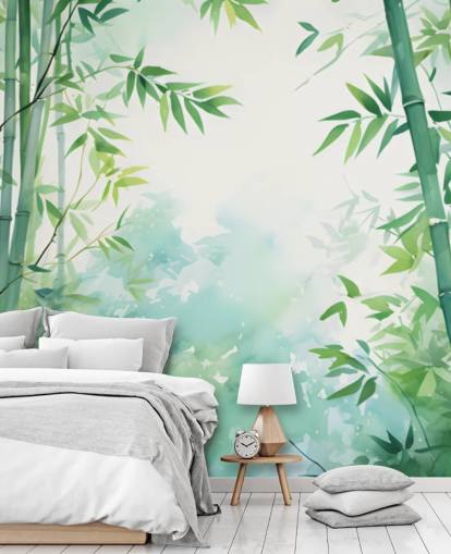 mural de pared de bambú personalizado verde y blanco llamado Watercolour Bamboo Landscape para dormitorios y baños