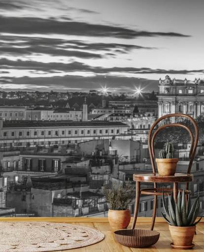 black and white panoramic wall mural of Rome