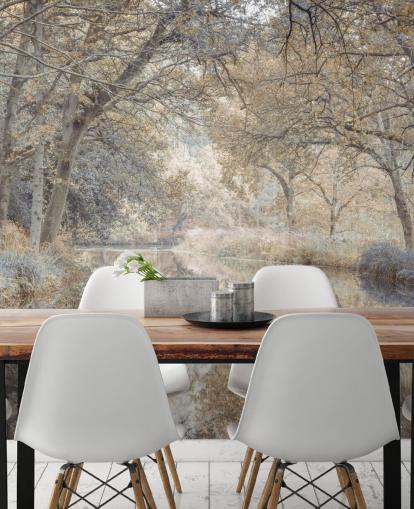 mural de pared marrón y gris de un canal en un bosque de invierno de Assaf Frank para dormitorio