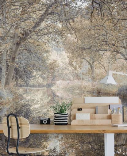 mural de pared marrón y gris de un canal en un bosque de invierno de Assaf Frank para dormitorio