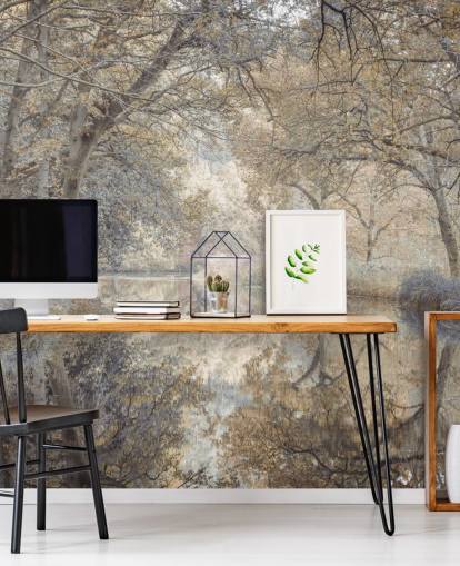 brown and grey canal in winter woodland wall mural by Assaf Frank for bedroom