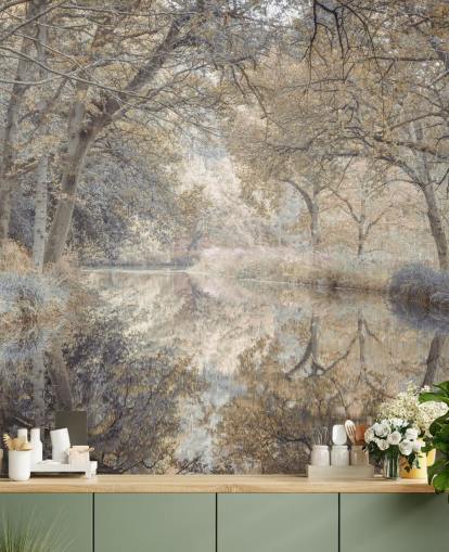 mural de parede de canal marrom e cinza na floresta de inverno de Assaf Frank para quarto