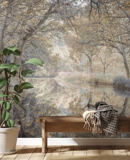 mural de pared marrón y gris de un canal en un bosque de invierno de Assaf Frank para dormitorio