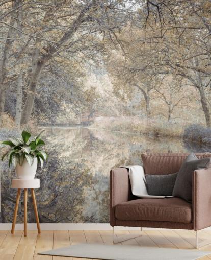 mural de parede de canal marrom e cinza na floresta de inverno de Assaf Frank para quarto