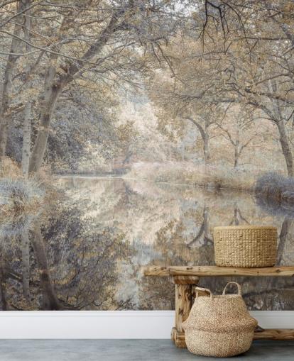 brown and grey canal in winter woodland wall mural by Assaf Frank for bedroom