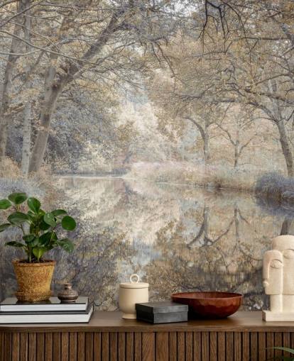mural de pared marrón y gris de un canal en un bosque de invierno de Assaf Frank para dormitorio