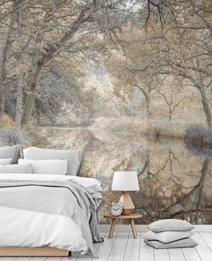 murale con canale marrone e grigio in un bosco invernale di Assaf Frank per camera da letto murale con canale marrone e grigio in un bosco invernale di Assaf Frank per camera da letto