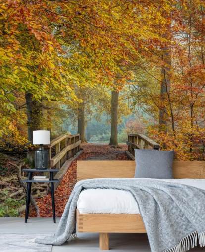autumn woodland with bridge wallpaper mural