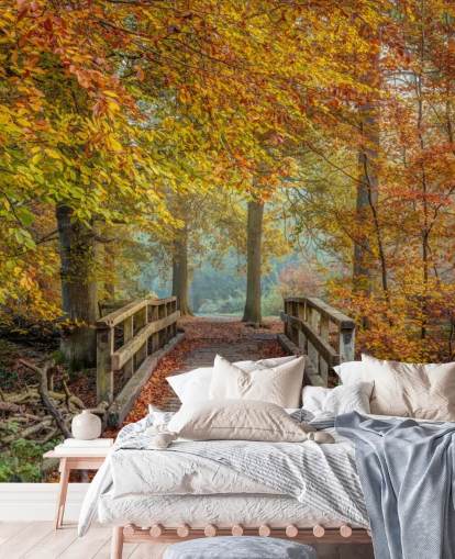 Tapeten-Wandbild „Herbstwald mit Brücke“ Tapeten-Wandbild „Herbstwald mit Brücke“