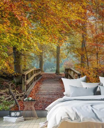 carta da parati murale con bosco autunnale con ponte carta da parati murale con bosco autunnale con ponte