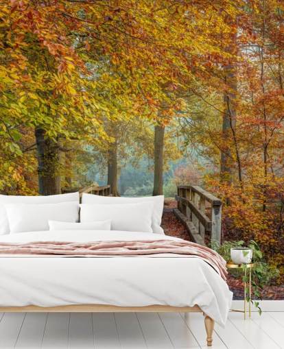 Papier peint forêt d'automne avec pont