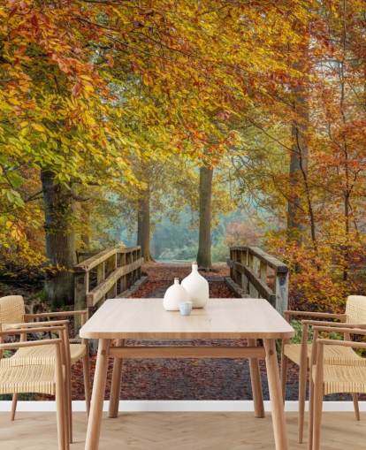 Papier peint forêt d'automne avec pont