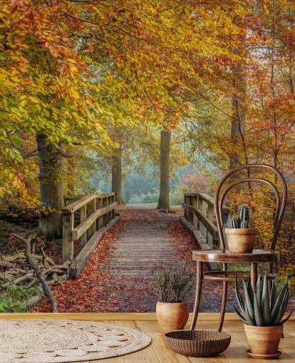Papier peint forêt d'automne avec pont