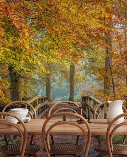 carta da parati murale con bosco autunnale con ponte