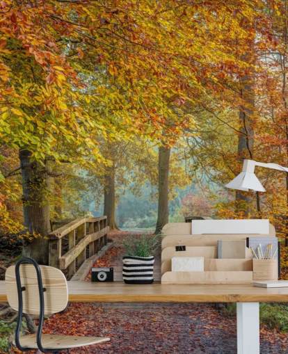 Papier peint forêt d'automne avec pont