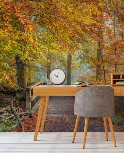 autumn woodland with bridge wallpaper mural