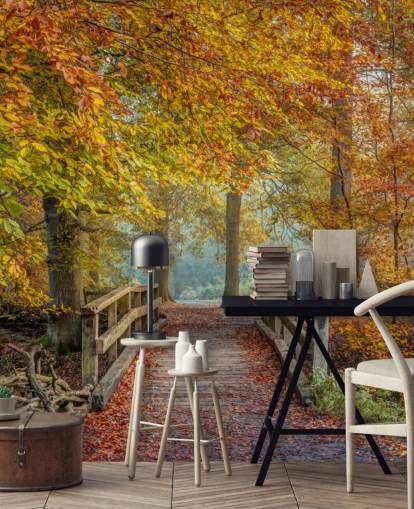 autumn woodland with bridge wallpaper mural autumn woodland with bridge wallpaper mural