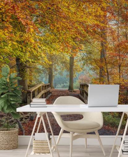 Papier peint forêt d'automne avec pont