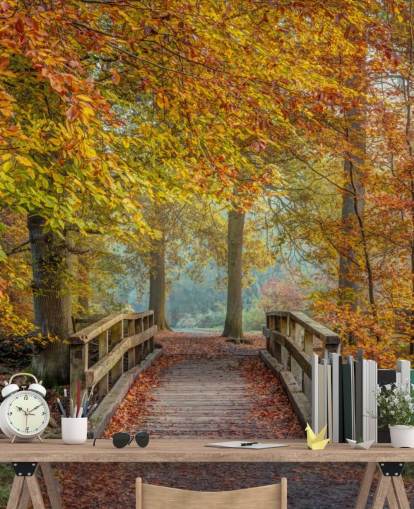 carta da parati murale con bosco autunnale con ponte