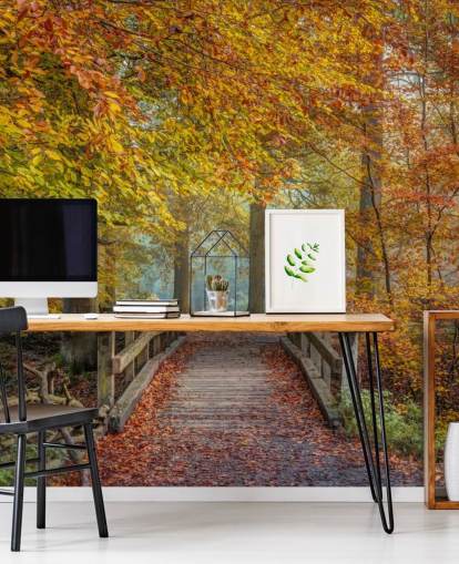 Papier peint forêt d'automne avec pont Papier peint forêt d'automne avec pont