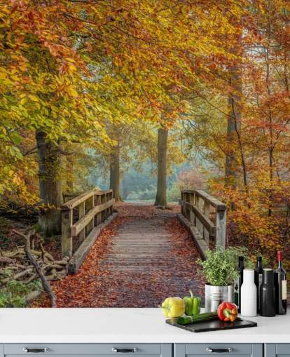 Tapeten-Wandbild „Herbstwald mit Brücke“ Tapeten-Wandbild „Herbstwald mit Brücke“